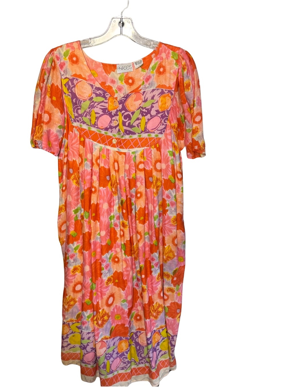 Vintage PHASES Vibrant‎ Orange Cottage Floral Short Sleeve 70s 80s House Dress